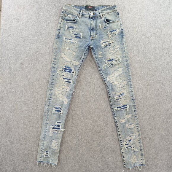 Represent Jeans Mens 30 Blue Shredded Denim Distressed Skinny Mid Rise Zip Fly - Picture 1 of 16